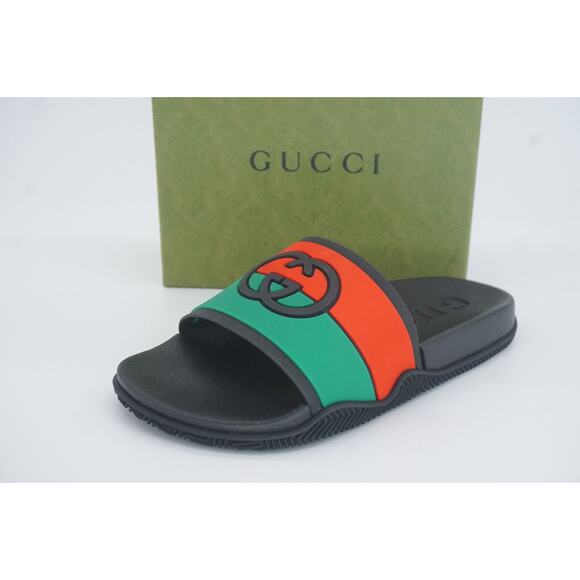 Gucci Agrado GG Logo Rubber Slide MuleSandals Size 35 G New $450 Red Green Black - Picture 1 of 12
